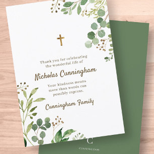 Tarjeta De Agradecimiento Memorial Funeral Moderno Cross Foliage Botanicals