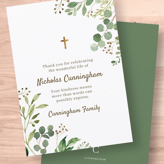 Tarjeta De Agradecimiento Memorial Funeral Moderno Cross Foliage Botanicals (Subido por el creador)
