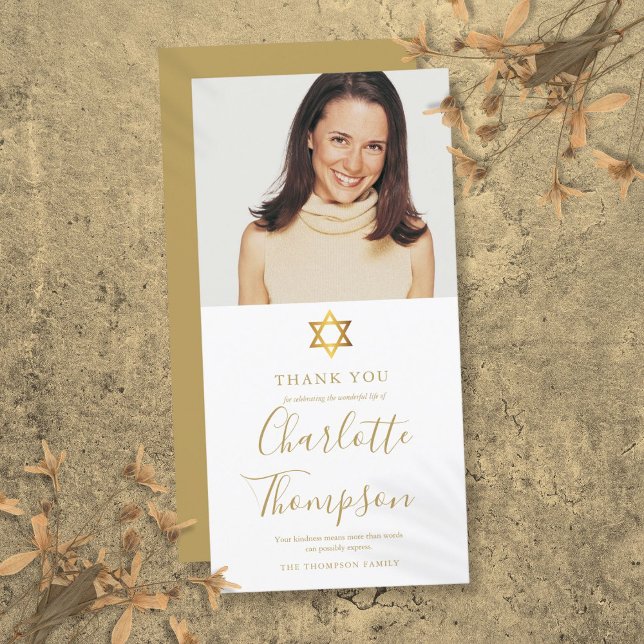 Tarjeta De Agradecimiento Memorial Funeral Oro Estrella Judía de David Foto (Memorial Funeral Gold Jewish Star of David Photo Thank You Card)