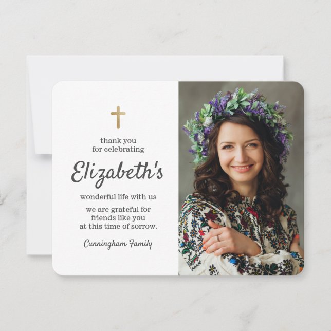 Tarjeta De Agradecimiento Memorial Funeral Simple Gold Cross Photo (Anverso)