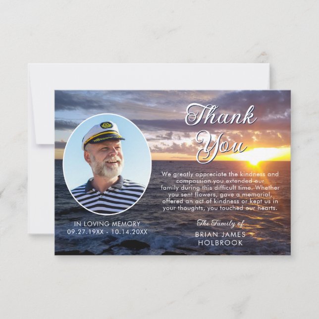 Tarjeta De Agradecimiento Memorial funeral Sunset Ocean Photo (Anverso)