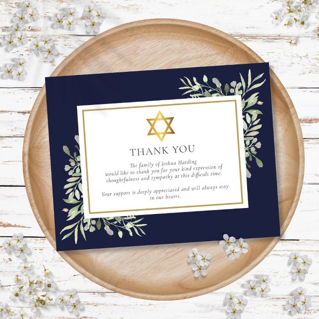 Tarjeta De Agradecimiento Memorial Funerario Judío Estrella de David de Hoja (Jewish Funeral Memorial Foliage Gold Star Of David Thank You Card)