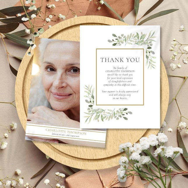 Tarjeta De Agradecimiento Memorial Funerario Verdor en Marco de Oro Foto (Funeral Memorial Greenery Gold Frame Photo Thank You Card)