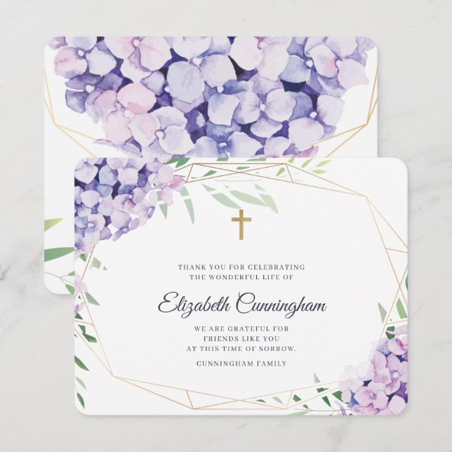 Tarjeta De Agradecimiento Memorial Geométrico Floral Hydrangea Lilac (Anverso / Reverso)