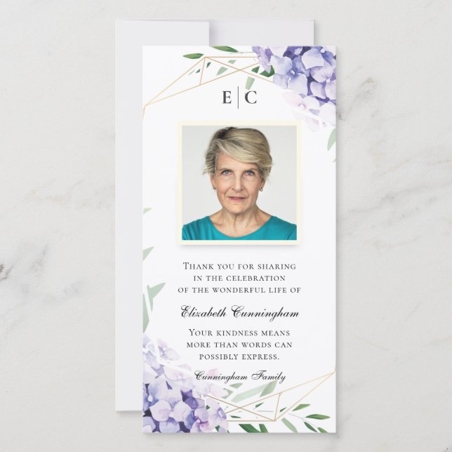 Tarjeta De Agradecimiento Memorial geométrico floral Hydrangea Lilac (Anverso)