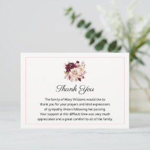 Tarjeta De Agradecimiento Memorial Religioso Funeral Floral Otoño Borgoña