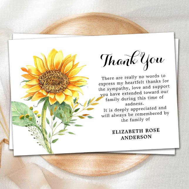 Tarjeta De Agradecimiento Memorial Sunflower Floral Sympathy Funeral (Subido por el creador)