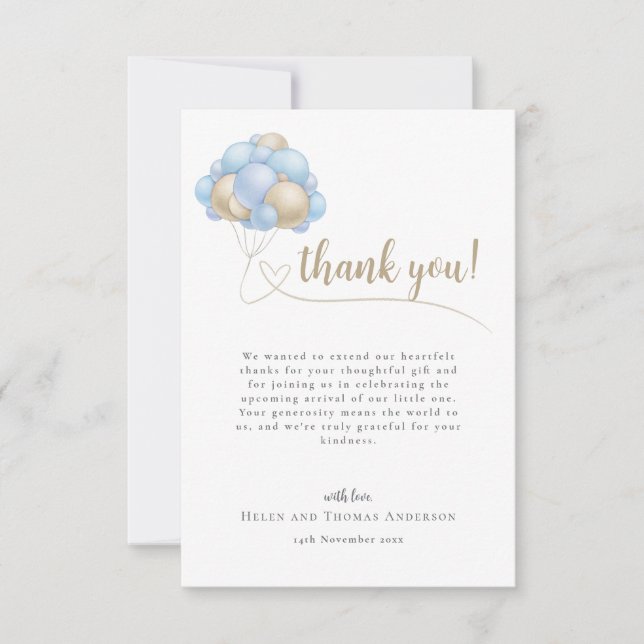 Tarjeta De Agradecimiento Mensaje curado Blue Balloon Baby Shower (Anverso)
