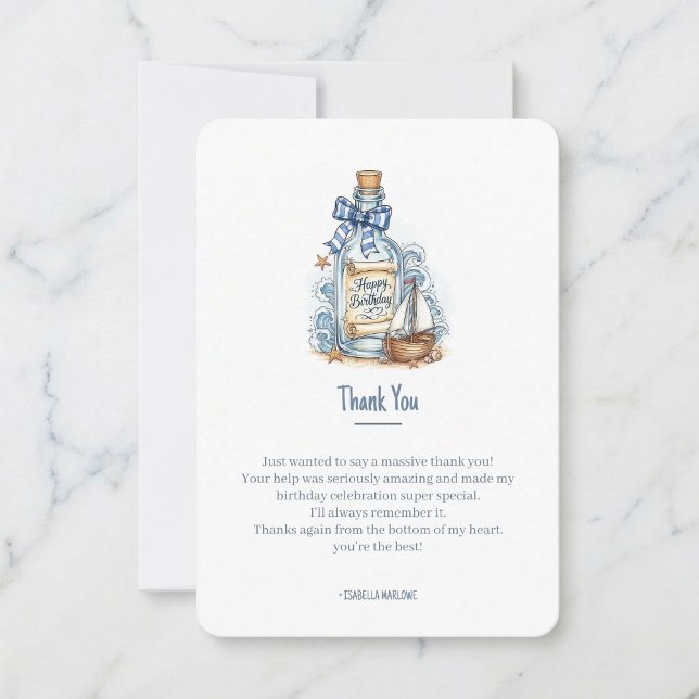 Tarjeta De Agradecimiento Mensaje En Botella Cumpleaños Velero (Nautical gratitude delivered.)