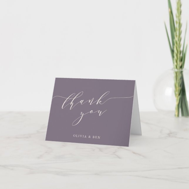 Tarjeta De Agradecimiento Mensaje morado del Personalizado del Boda de scrip (Anverso)