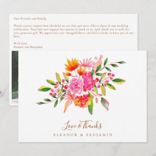 Tarjeta De Agradecimiento Mensaje personalizado de boda con foto floral rosa