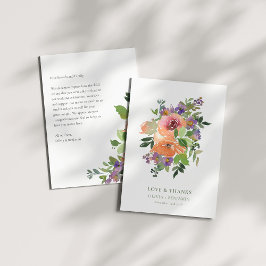 Tarjeta De Agradecimiento Mensaje personalizado de boda floral naranja púrpu