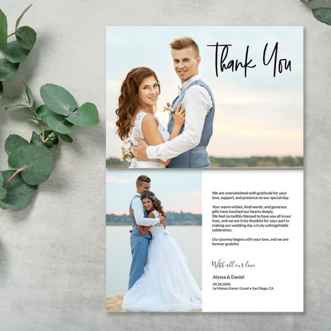 Tarjeta De Agradecimiento Mensaje Personalizado moderno 2 fotos bodas (Wedding Photo on front and back Modern Thank you card with customizable message, names and date.)