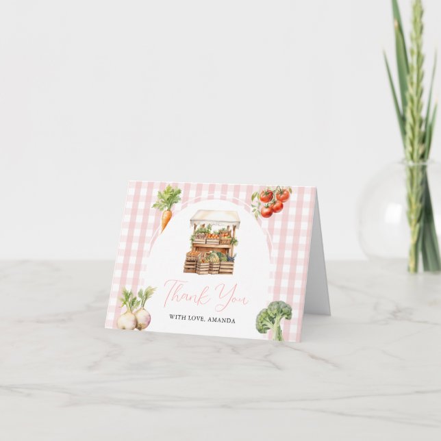 Tarjeta De Agradecimiento Mercado fresco local Baby Shower Gingham (Anverso)