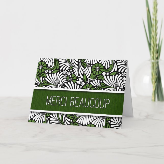 Tarjeta De Agradecimiento Merci Beaucoup Green Fern Blank French (Anverso)