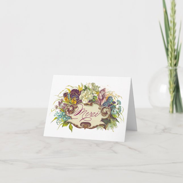 Tarjeta De Agradecimiento Merci, Vintage Inspired Bouquet (Anverso)
