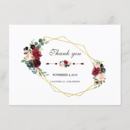 Tarjeta De Agradecimiento Merlot Azul Marino Floral Marco Dorado Gracias