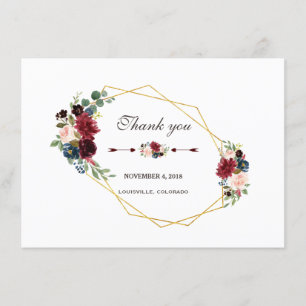 Tarjeta De Agradecimiento Merlot Azul Marino Floral Marco Dorado Gracias