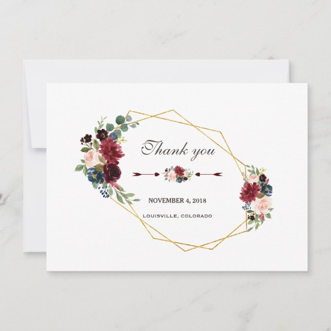 Tarjeta De Agradecimiento Merlot Azul Marino Floral Marco Dorado Gracias (Anverso)