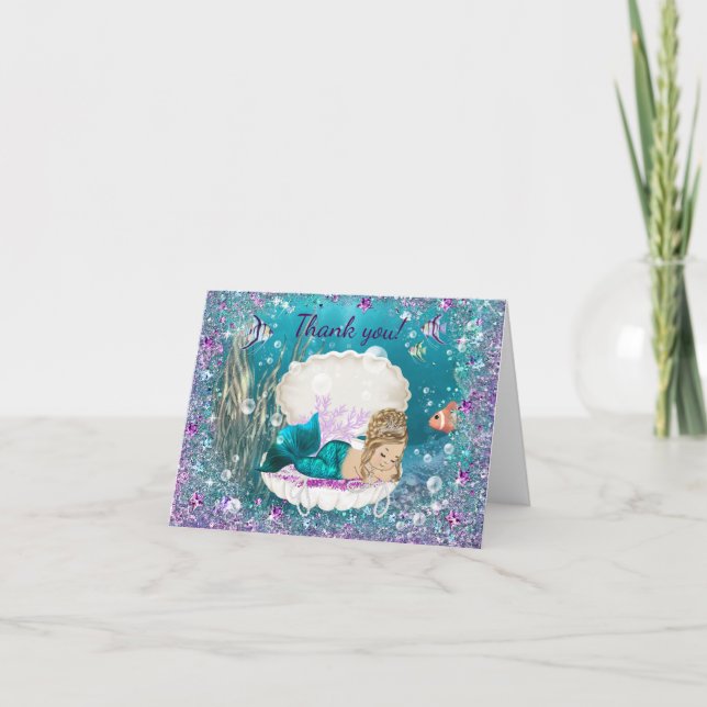 Tarjeta De Agradecimiento Mermaid Baby Shower Gracias Cartas (Anverso)