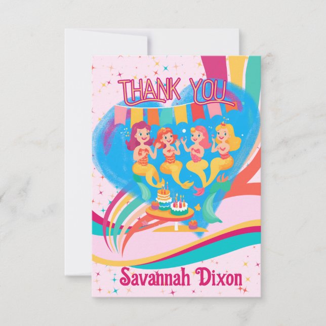 Tarjeta De Agradecimiento Mermaid Happy Birday Gracias Cartas (Anverso)