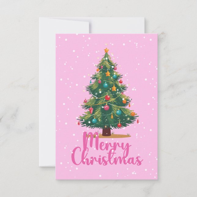 Tarjeta De Agradecimiento Merry Christmas, Christmas Tree, Holiday, Pink (Anverso)