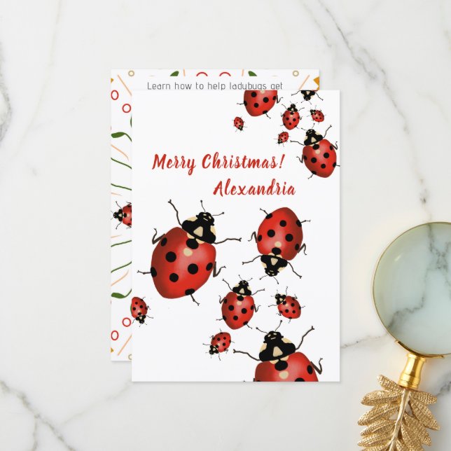 Tarjeta De Agradecimiento Merry Christmas Ladybug Red Black on White (Anverso/Reverso In Situ)