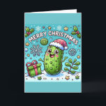 Tarjeta De Agradecimiento Merry Christmas Pickle con Santa Hat<br><div class="desc">Feliz encurtido de Navidad con un sombrero de Santa con un regalo y copos de nieve. A los amantes de las piquetas les encantará conseguir una tarjeta de Navidades. Gran regalo de broma,  divertido y gracioso.</div>