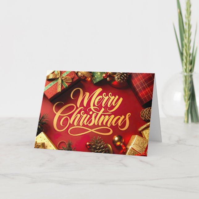 Tarjeta De Agradecimiento  "Merry Christmas" Schrift mit Geschenken & Zapfen (Anverso)
