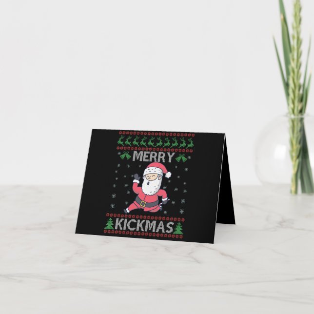 Tarjeta De Agradecimiento Merry Kickmas Funny Karate Santa Navidad Familia (Anverso)