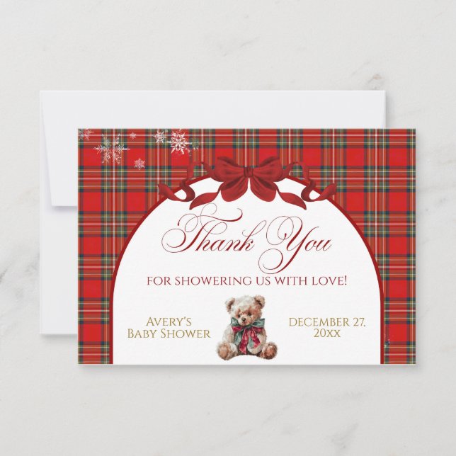 Tarjeta De Agradecimiento Merry Little Red Bow Christmas Plaid  (Anverso)