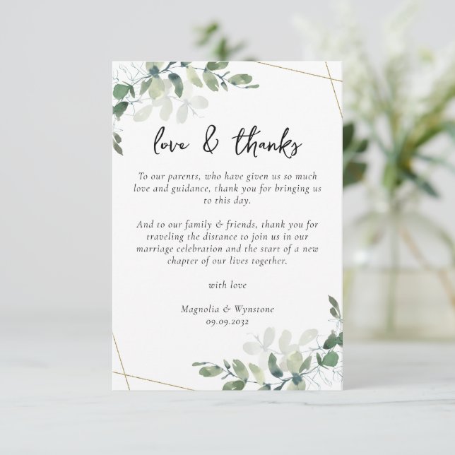 Tarjeta De Agradecimiento Mesa de recepción de bodas de Eucalyptus (Anverso de pie)