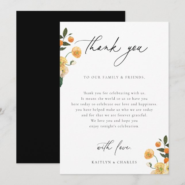 Tarjeta De Agradecimiento Mesa de recepción de la Boda Floral de Citrus (Anverso / Reverso)