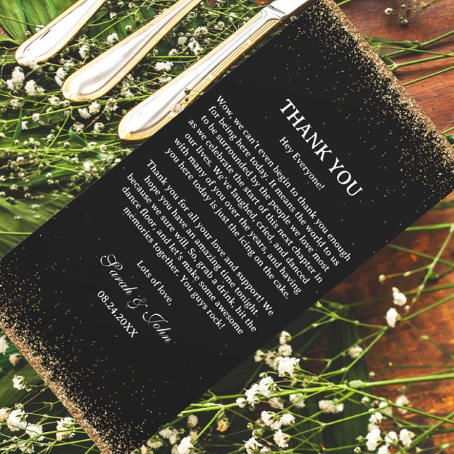 Tarjeta De Agradecimiento Mesas de recepción de Purpurina negro y dorado (Subido por el creador)