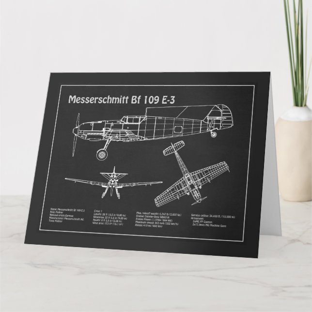 Tarjeta De Agradecimiento Messerschmitt Bf 109 - Avión Blueprint PD (Anverso)