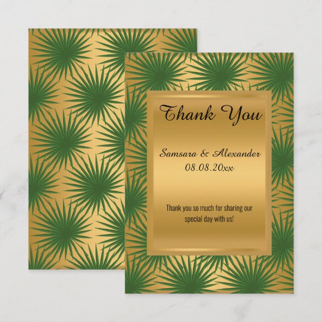 Tarjeta de agradecimiento metálica dorada verde he (Anverso / Reverso)