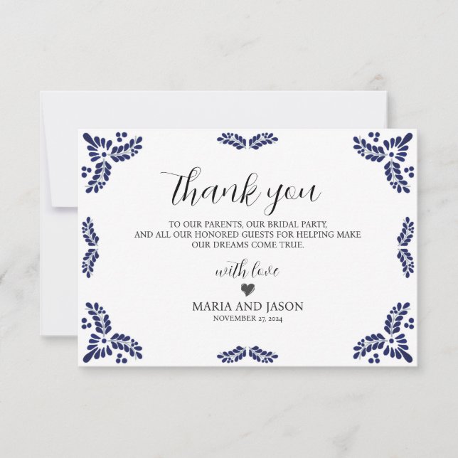 Tarjeta De Agradecimiento Mexican Talavera Black Floral Minimalist Wedding (Anverso)