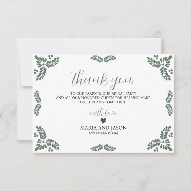 Tarjeta De Agradecimiento Mexican Talavera Green Floral Minimalist Wedding (Anverso)