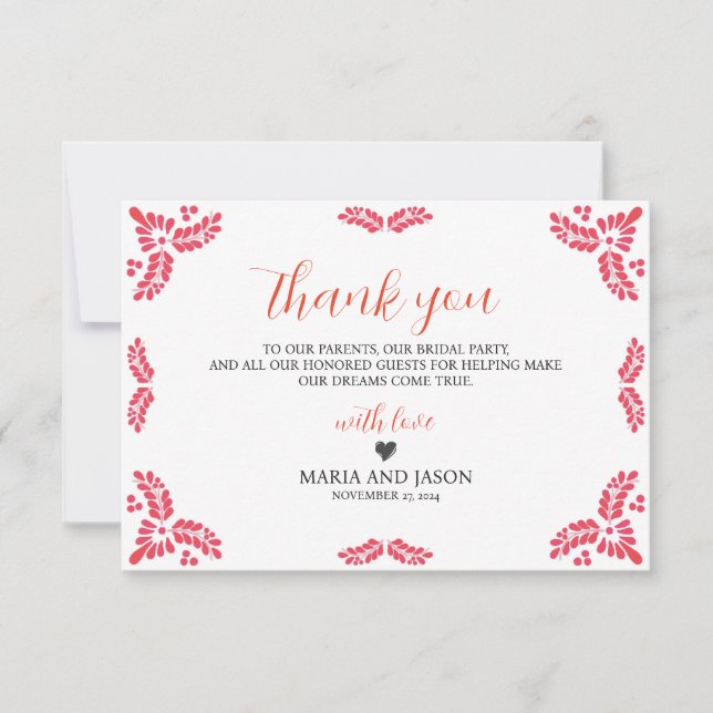 Tarjeta De Agradecimiento Mexican Talavera Orange Floral Minimalist Wedding (Anverso)