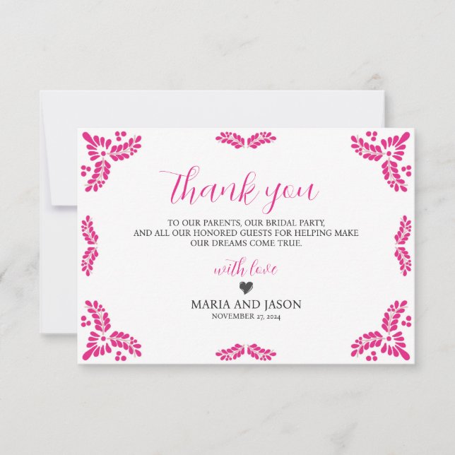Tarjeta De Agradecimiento Mexican Talavera Pink Floral Minimalist Wedding (Anverso)