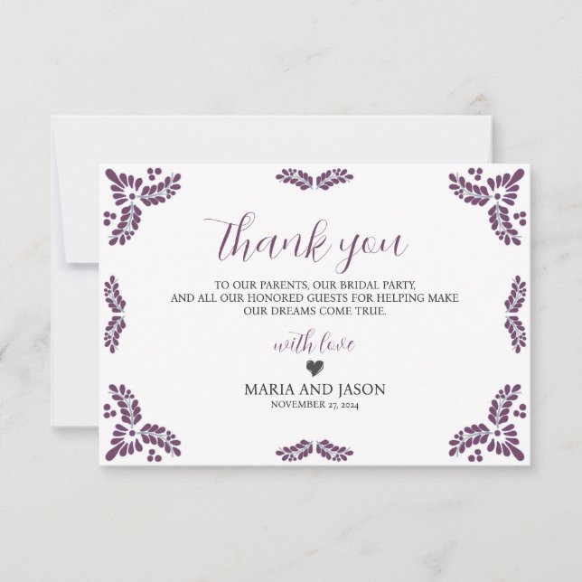 Tarjeta De Agradecimiento Mexican Talavera Purple Floral Minimalist Wedding (Anverso)