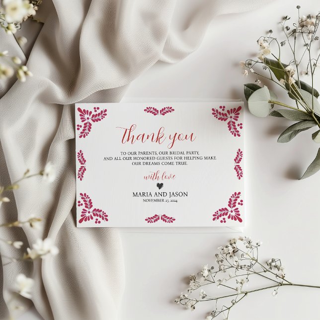 Tarjeta De Agradecimiento Mexican Talavera Red Floral Minimalist Wedding (Mexican Talavera Red Floral Minimalist Wedding Thank You Card)
