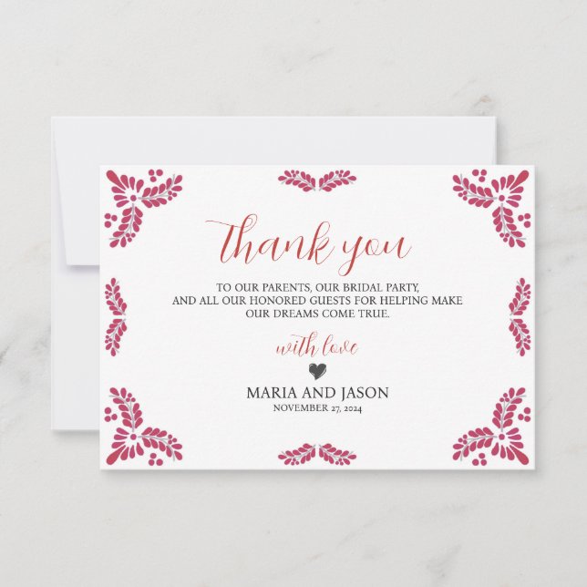 Tarjeta De Agradecimiento Mexican Talavera Red Floral Minimalist Wedding (Anverso)