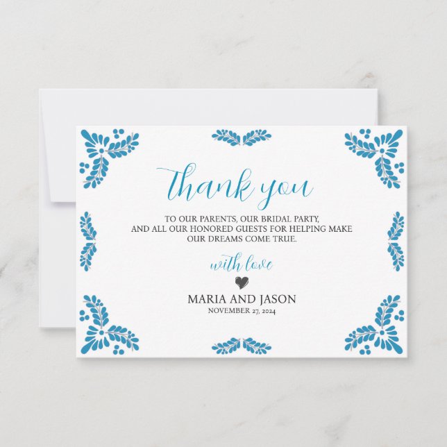 Tarjeta De Agradecimiento Mexican Talavera Turquoise Minimalist Wedding (Anverso)