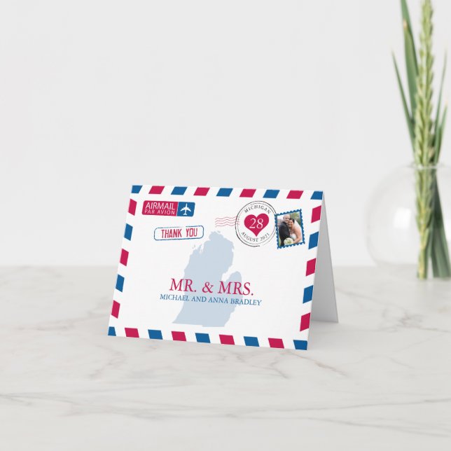 Tarjeta De Agradecimiento Michigan EE. UU. Aire Correo Matrimonio Agradecimi (Anverso)