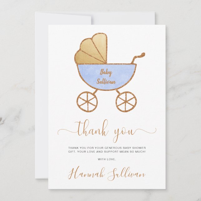 Tarjeta De Agradecimiento Mini Baby Boy Ducha Retro Carrito Azul Oro (Anverso)