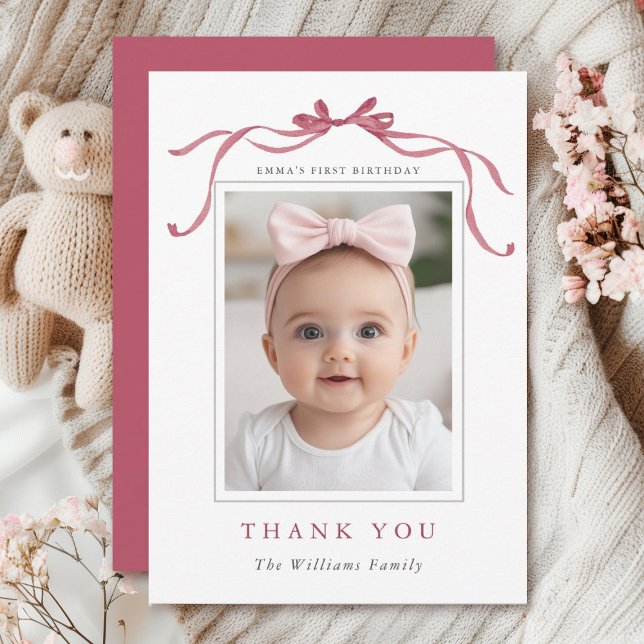 Tarjeta De Agradecimiento Minimal Deep Blush Pink Bow Birthday Photo  (Subido por el creador)