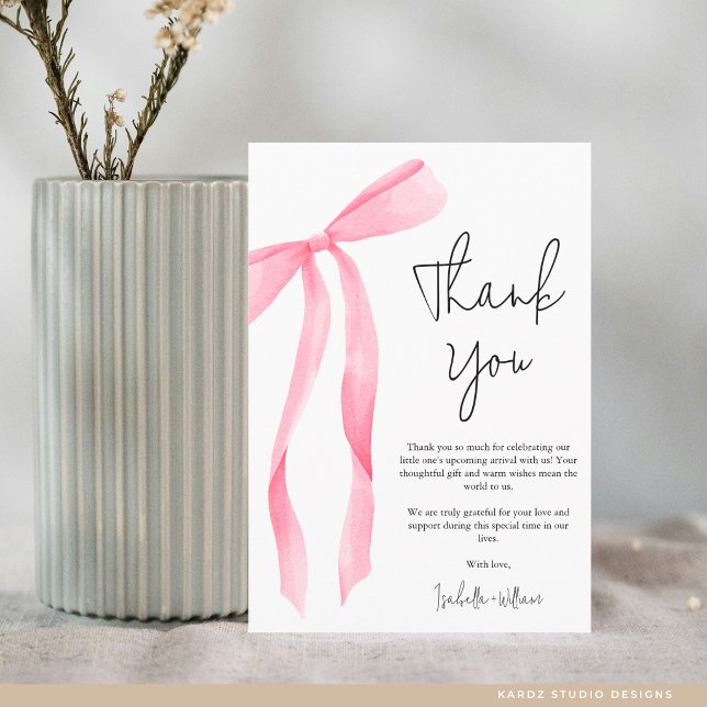 Tarjeta De Agradecimiento Minimal Elegant Pink Bow Baby Shower (Flat Thank You Card in 3.5 x 5 inches. Personalize text, select size, paper, and corner style.)