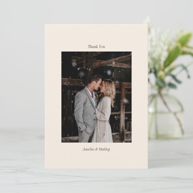 Tarjeta De Agradecimiento Minimal Ivory Brown Elegant Wedding Custom Photo (Anverso de pie)