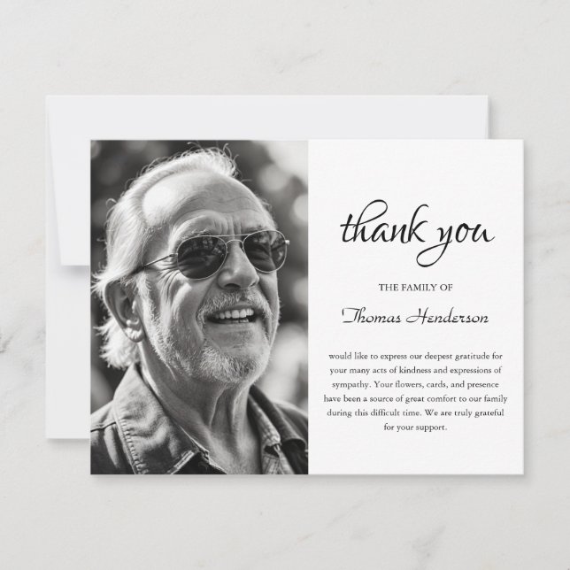 Tarjeta De Agradecimiento Minimalist Black and White Photo Funeral (Anverso)